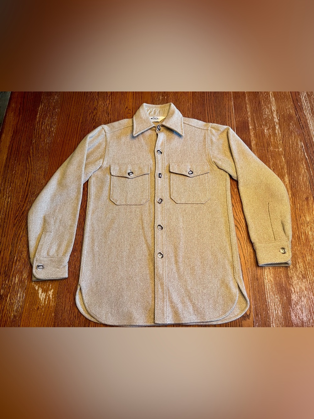 Vtg Woolrich Wool cream/tan regimental striped jacket ranching cowboy hunting